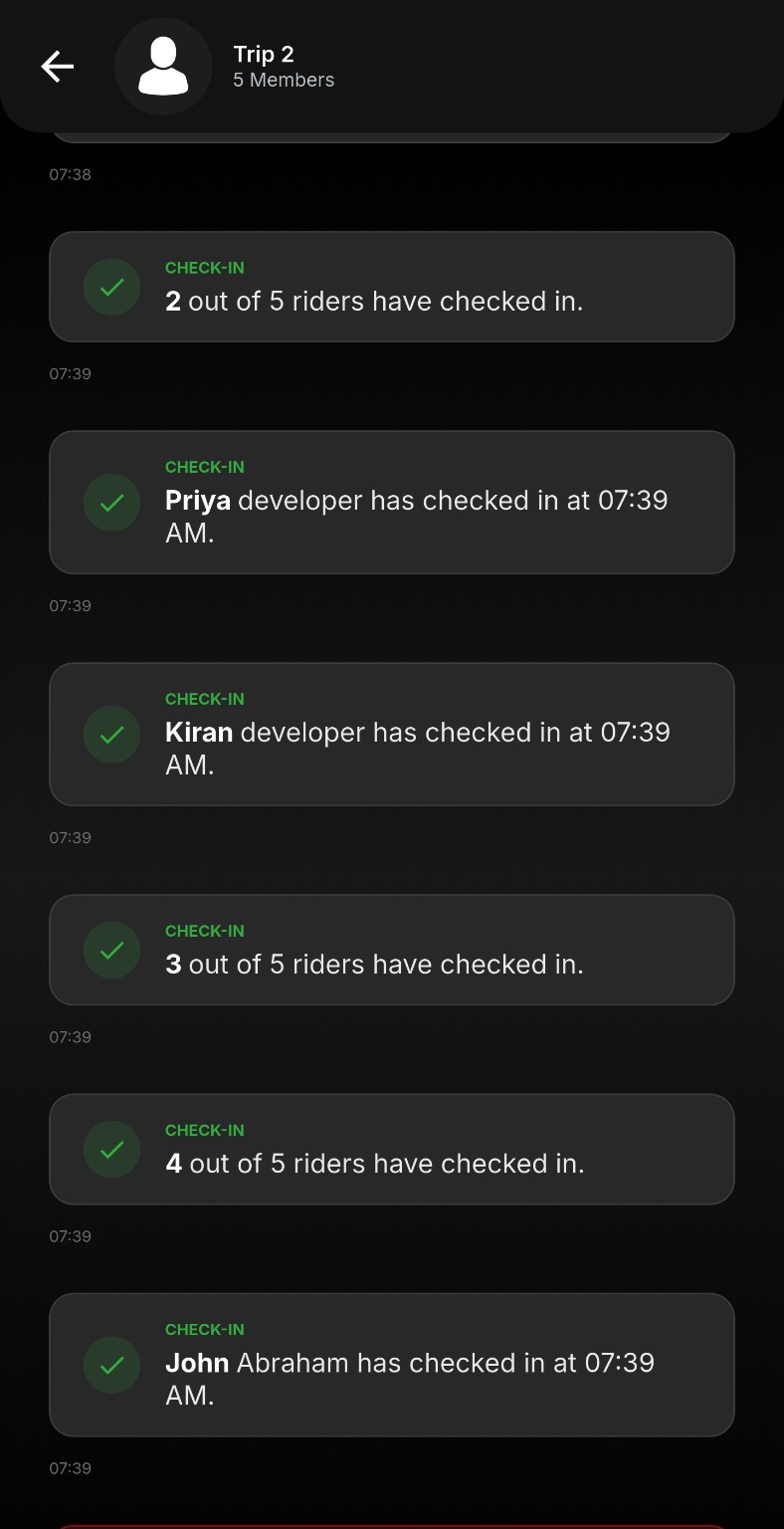 Actual DOTwe Ride Conversation screen showing rider check-ins and ride activity